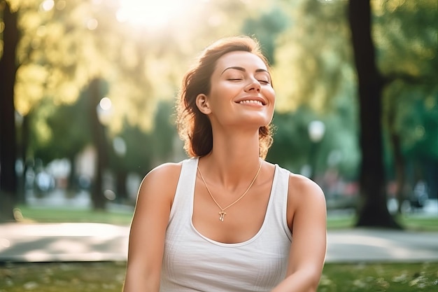 Uma mulher sentada em um parque com os olhos fechados Generative AI