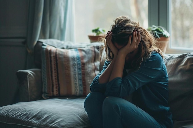 uma mulher sentada em um sofá com a cabeça entre as mãos