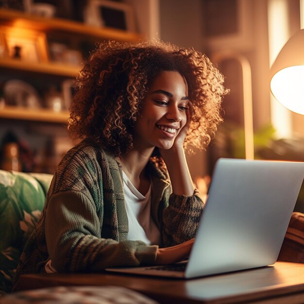 uma mulher sentada em um sofá com um laptop e ela está usando um laptop