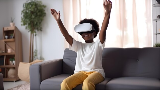 Uma mulher sentada em um sofá usando um headset de realidade virtual