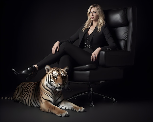 Foto uma mulher sentada em uma cadeira ao lado de um tigre