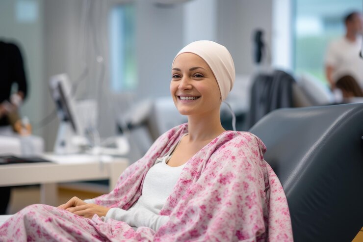 Foto uma mulher sentada em uma cadeira com um cobertor sobre a cabeça, uma paciente feliz com câncer, uma mulher sorridente após o tratamento de quimioterapia no departamento de oncologia do hospital.