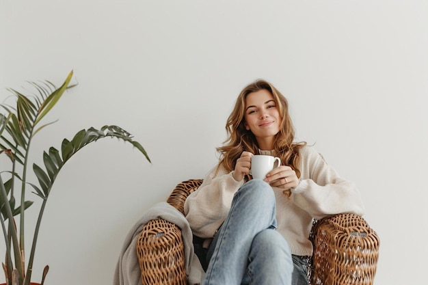 uma mulher sentada em uma cadeira segurando uma xícara de café