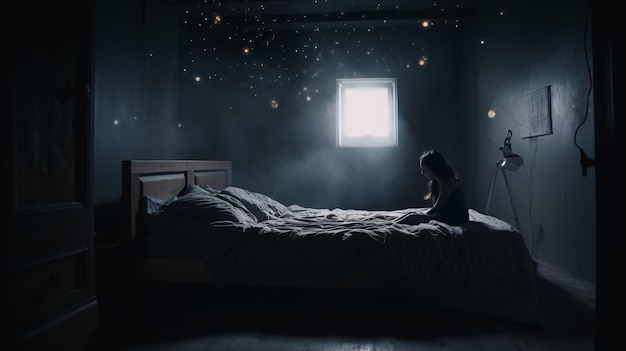 Uma mulher sentada em uma cama em um quarto escuro