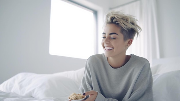 uma mulher sentada em uma cama segurando uma tigela de cereal