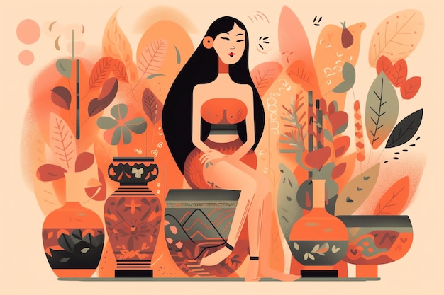 Uma mulher sentada em uma galeria de arte colorida com um vaso e uma flor à esquerda