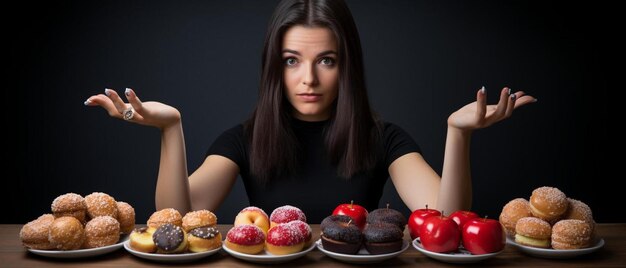 Foto uma mulher sentada em uma mesa com muitos donuts