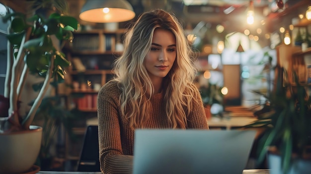 Uma mulher sentada em uma mesa com seu laptop