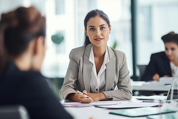 Uma mulher sentada em uma mesa com um homem de terno e uma mulher de terno cinza