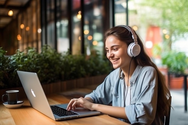 Foto uma mulher sentada em uma mesa com um laptop e fones de ouvido