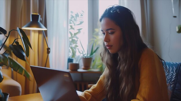 Uma mulher sentada em uma mesa com um laptop