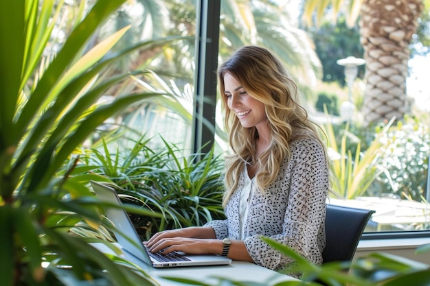 uma mulher sentada em uma mesa com um laptop