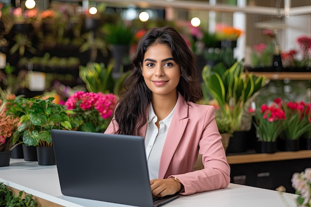 uma mulher sentada em uma mesa com um laptop