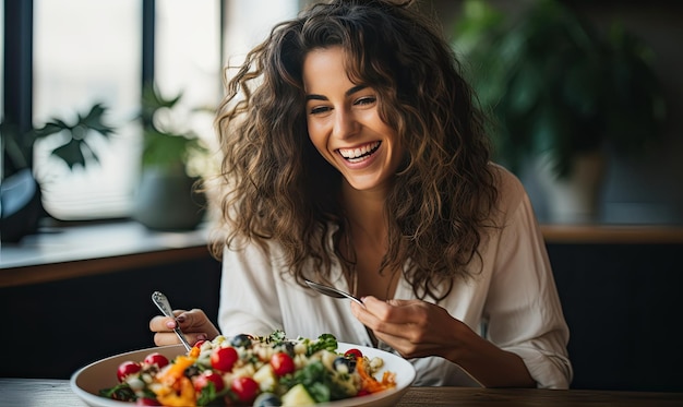 Foto uma mulher sentada em uma mesa comendo uma salada