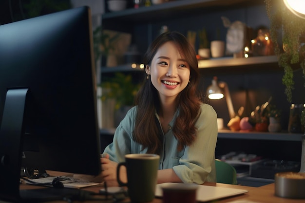 Uma mulher sentada em uma mesa em frente a um monitor de computador que diz 'sou um computador'