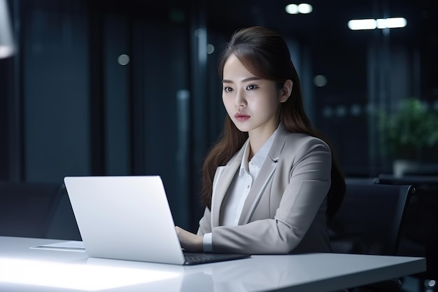 Uma mulher sentada em uma mesa em um escritório escuro ela está olhando para um laptop