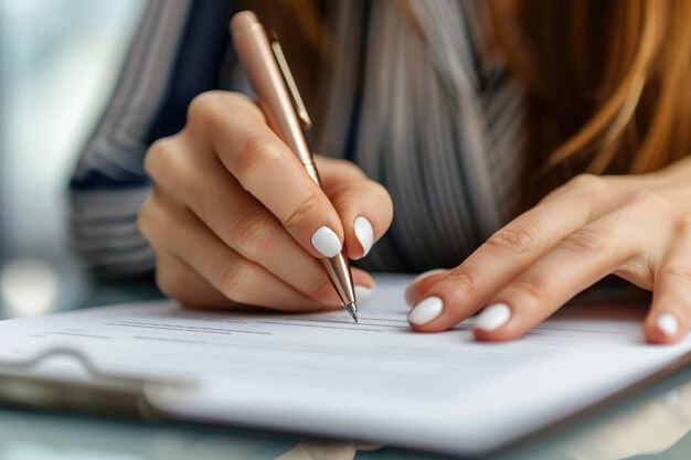 Uma mulher sentada em uma mesa se concentrando em escrever em um pedaço de papel com uma caneta Mulher de negócios assinando um contrato com uma pena metálica AI Gerado