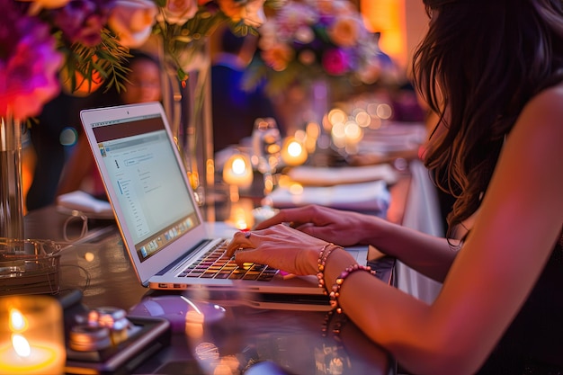 Foto uma mulher sentada em uma mesa usando um computador portátil