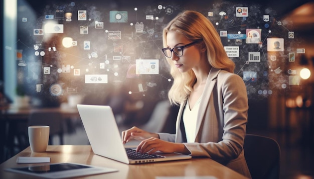 uma mulher sentada em uma mesa usando um computador portátil