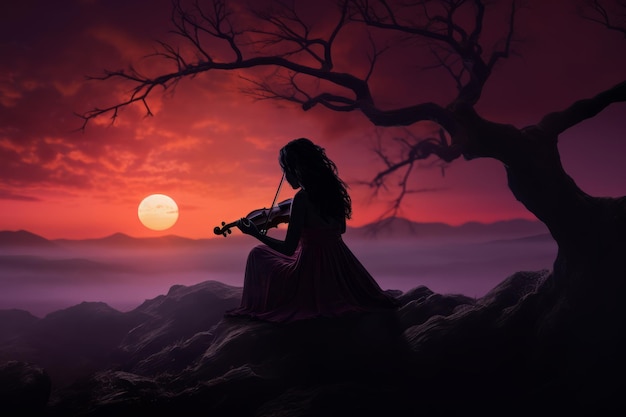 uma mulher sentada em uma pedra ao pôr do sol tocando violino