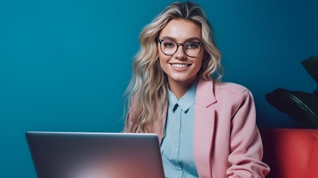 Uma mulher sentada na frente de um laptop