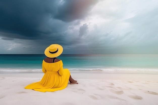 Foto uma mulher sentada na praia usando um lindo chapéu e um lindo vestido amarelo olhando para o horizonte generative ai
