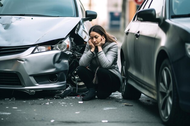 Uma mulher sentada no chão ao lado de um carro