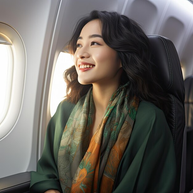 uma mulher sentada num avião a olhar pela janela