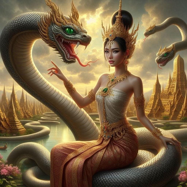 Uma mulher sentada num dragão com um dragão nas costas.