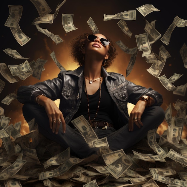 Uma mulher sentada numa pilha de dinheiro.