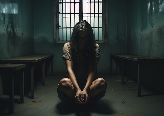 Foto uma mulher sentada numa sala escura com uma janela atrás dela