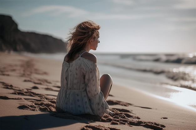 Uma mulher sentada sozinha na praia contra o mar na areia