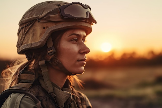Uma mulher soldado é capturada em uma imagem impressionante usando um capacete contra o pano de fundo de um belo pôr do sol Generative AI