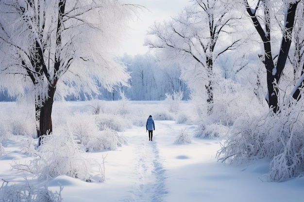 Uma mulher solitária entre as árvores cobertas de neve caminhando em direção à floresta