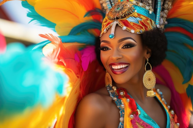 Uma mulher sorri alegremente vestida com trajes vibrantes de carnaval