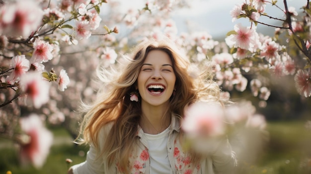 Uma mulher sorri em um campo de flores.