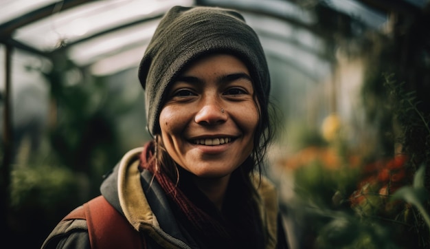 Uma mulher sorri em uma estufa com um chapéu.