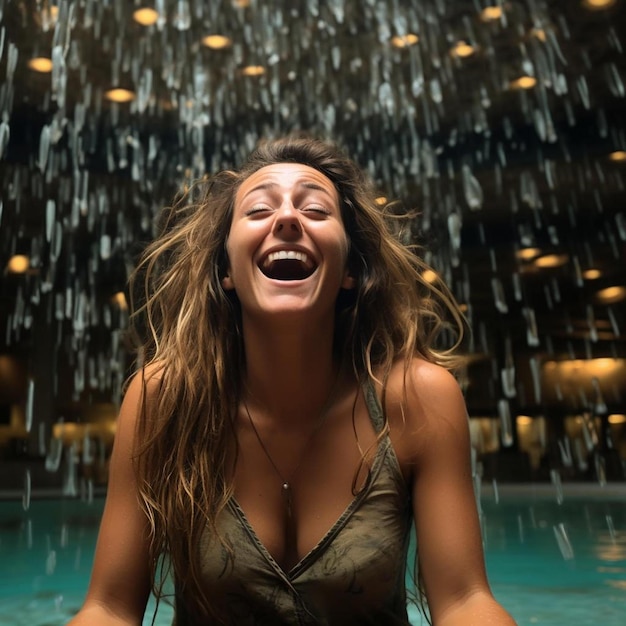 Foto uma mulher sorri em uma piscina com água caindo do teto.