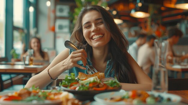 Foto uma mulher sorri enquanto come uma refeição com um sorriso no rosto