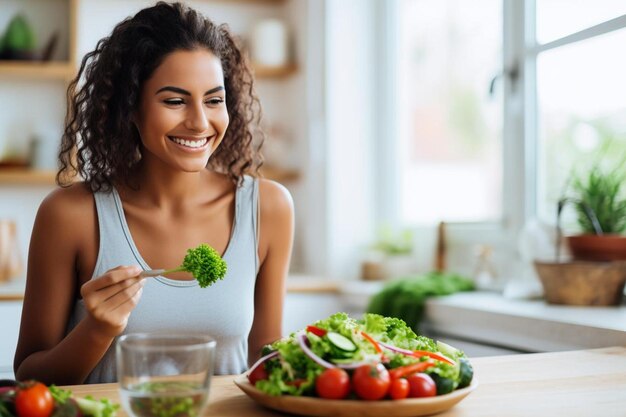 Foto uma mulher sorri enquanto come uma salada com uma faca