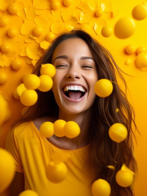 Foto uma mulher sorri enquanto é cercada por bolas amarelas