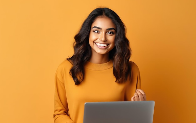 Uma mulher sorri enquanto segura um laptop em um fundo laranja.
