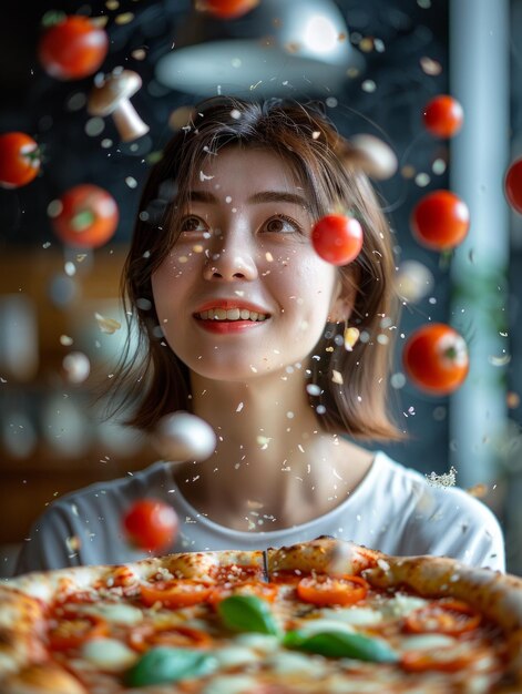 Foto uma mulher sorri enquanto tomates cereja e cogumelos caem em torno dela.