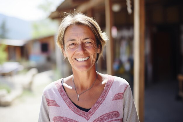 uma mulher sorri para a câmera