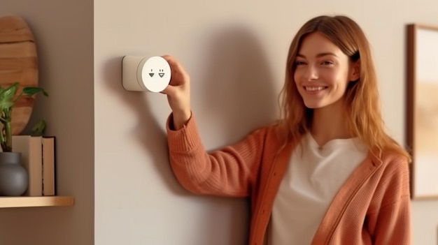 Uma mulher sorridente ao lado de um dispositivo de parede que ajusta a temperatura da sala para um nível agradável usando um termostato e um sistema de aquecimento doméstico