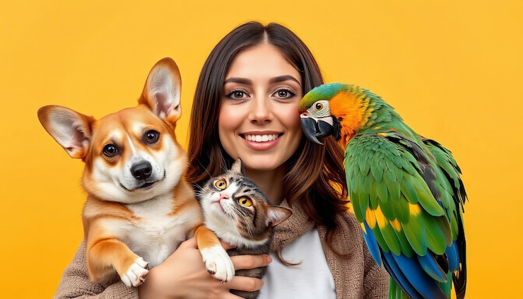 Foto uma mulher sorridente com dois gatos e um papagaio em suas mãos ama e cuida de animais de estimação