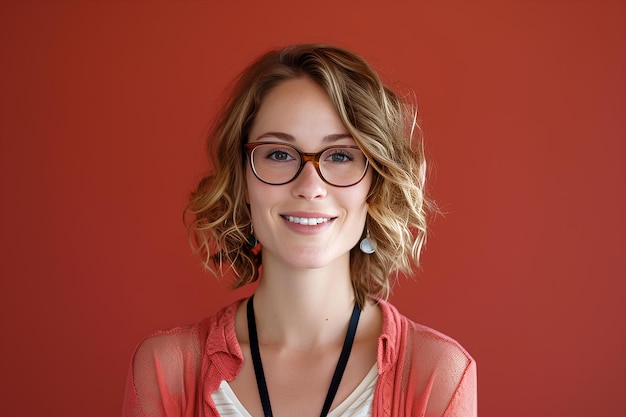 Uma mulher sorridente com óculos na frente de um fundo laranja