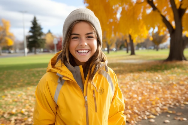 uma mulher sorridente com uma jaqueta amarela de pé em um parque