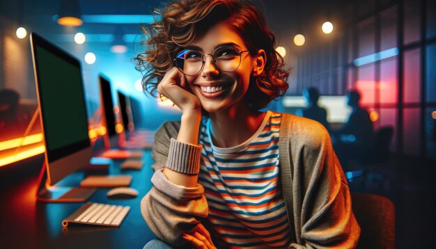 Uma mulher sorridente de cabelos rizados com óculos está desfrutando da atmosfera vibrante em um restaurante brilhante com luzes de néon