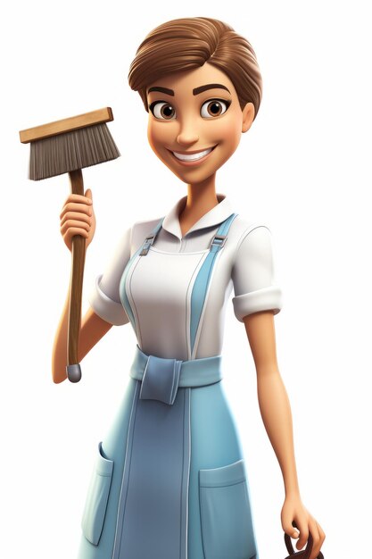 Foto uma mulher sorridente de uniforme azul segurando uma vassoura